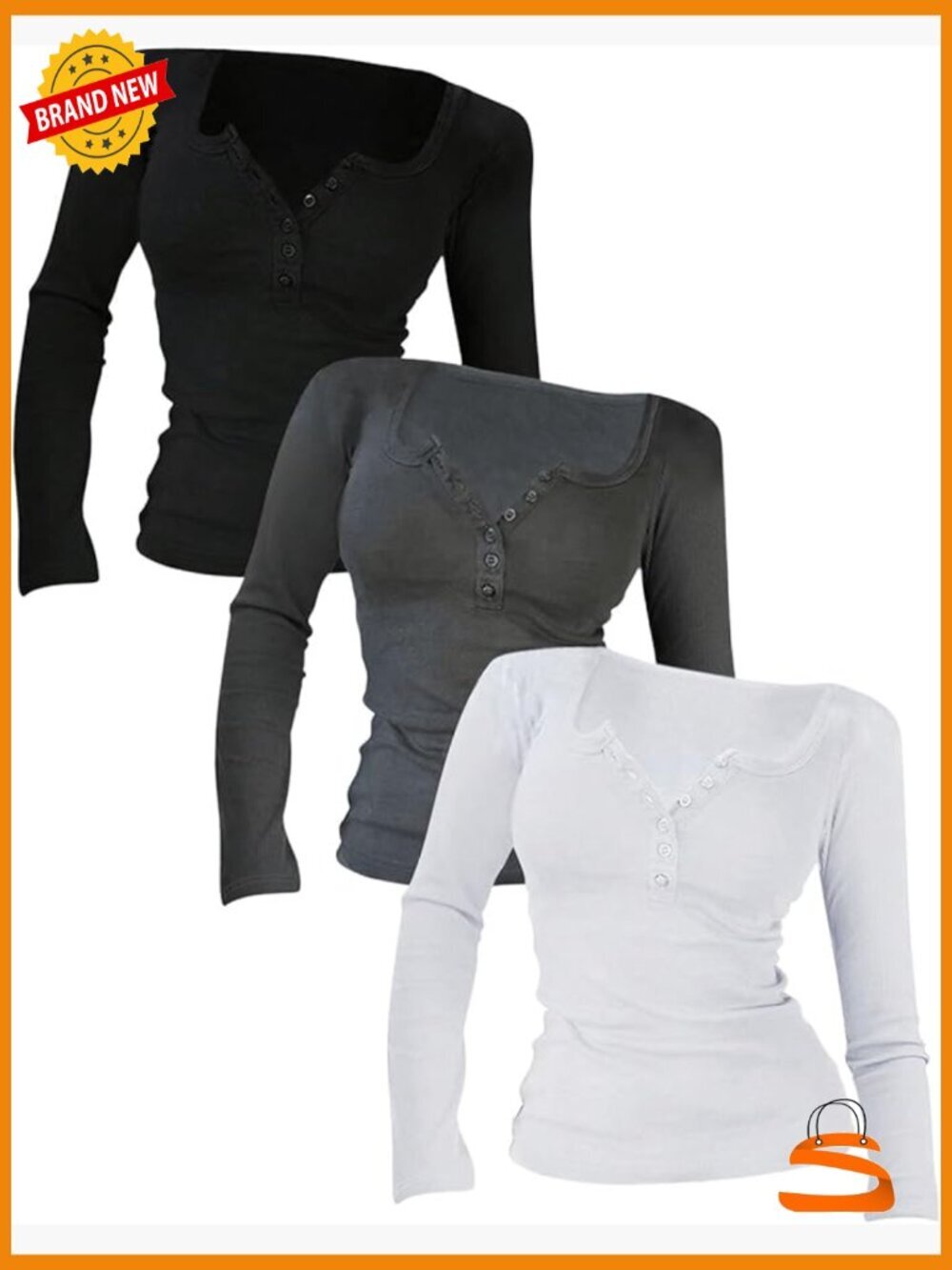3 Pack Long Sleeve Henley Shirts Button Down Scoop Neck Fitted Tees Tunic Tops